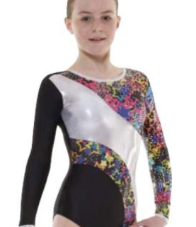 GYMNASTIC LONG SLEEVE LEOTARD BLACK SILVER AND STAR PATTERN